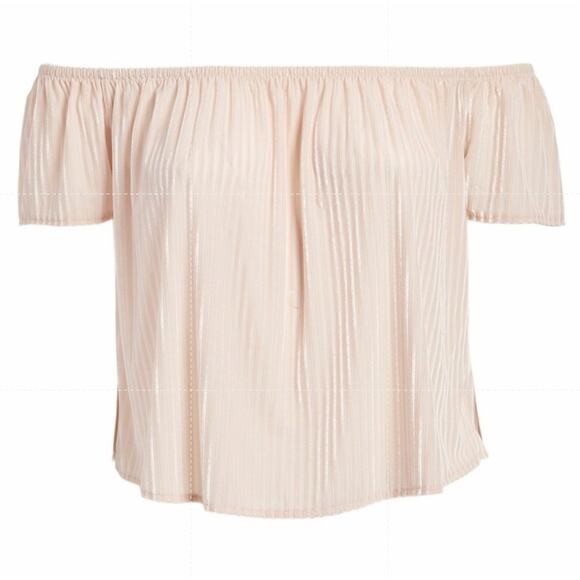 NWT Forever21+ Pink‎ Blush Peach Velvet Stripped Off the Shoulder Top Blouse - Picture 2 of 10
